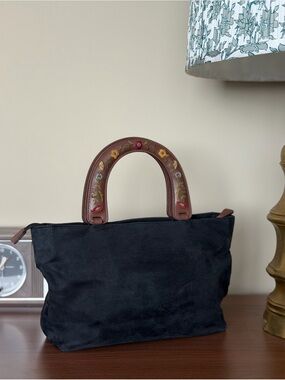 Black Faux Suede Tote with Embroidered Brown Leather Handle